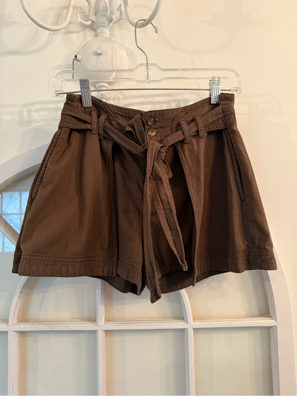 Free People Brown High-Rise Paperbag Tie-Waist Utility Shorts. Boho Chic